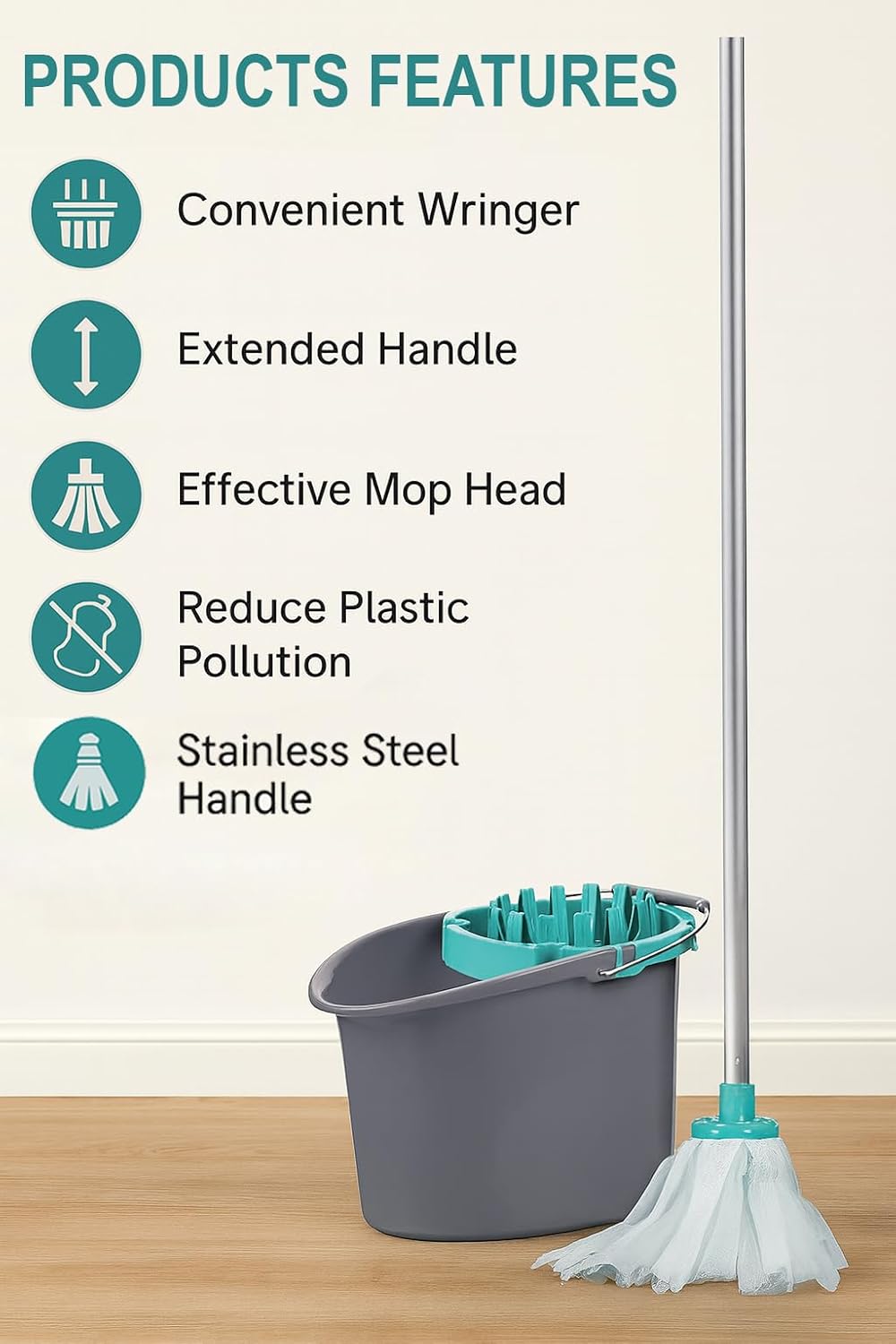 Hbala Premium Spin Mop and Bucket Set – 16L, Telescopic Stainless Steel Handle, Blue/Gray