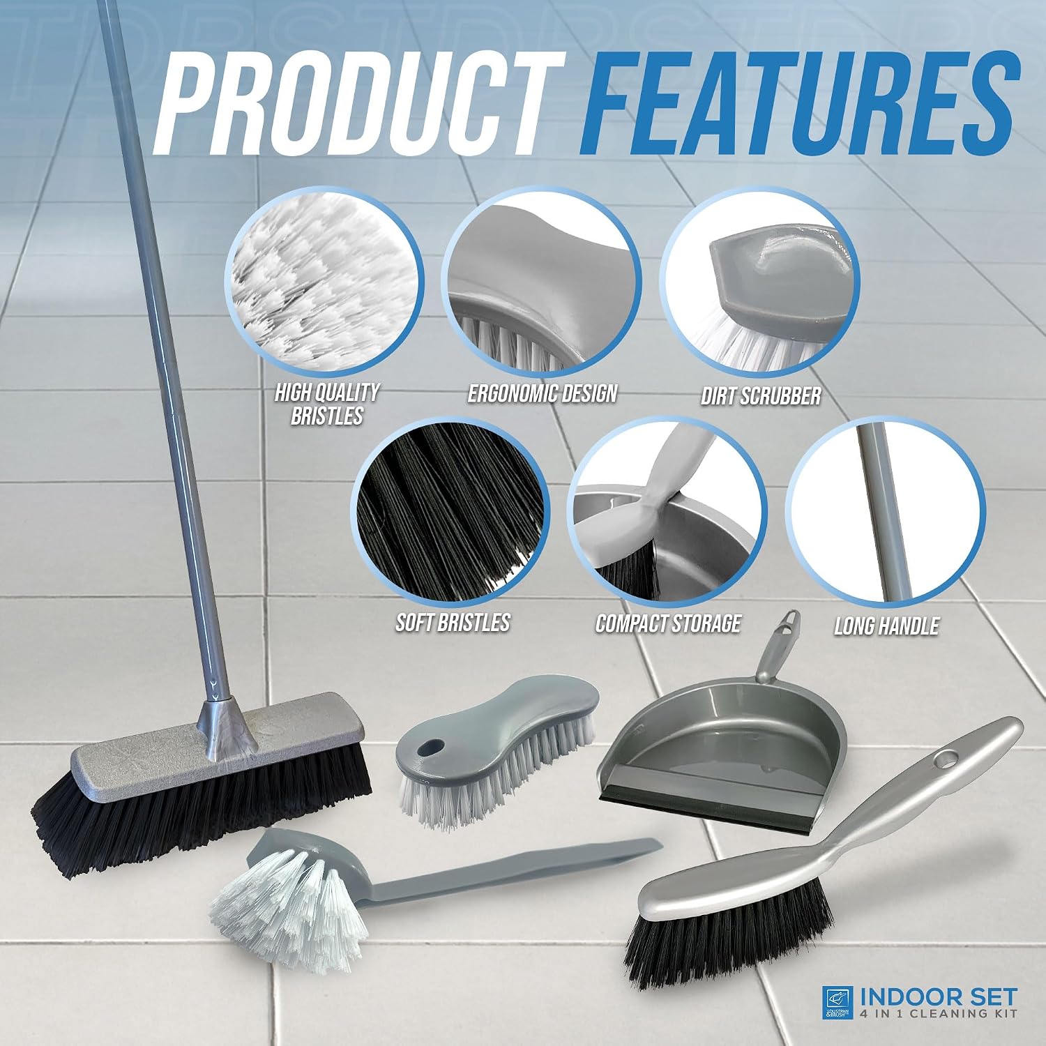 Hbala 4-Piece Home Cleaning Set – Broom, Dustpan & Brush, Scrub Brush, Dish Brush