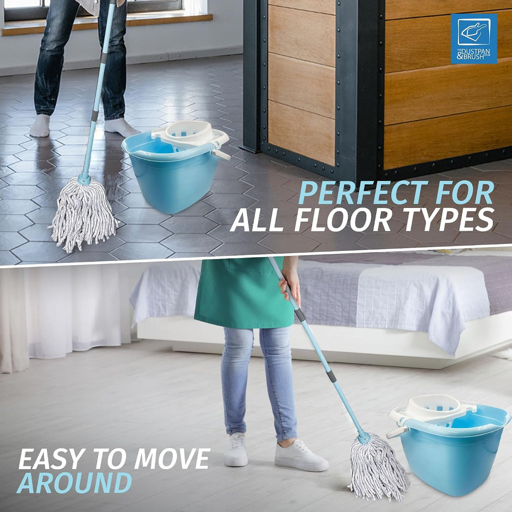 Hbala Cotton Mop and Bucket Set – 13L Wringer Bucket, Telescopic Handle, Duck Egg