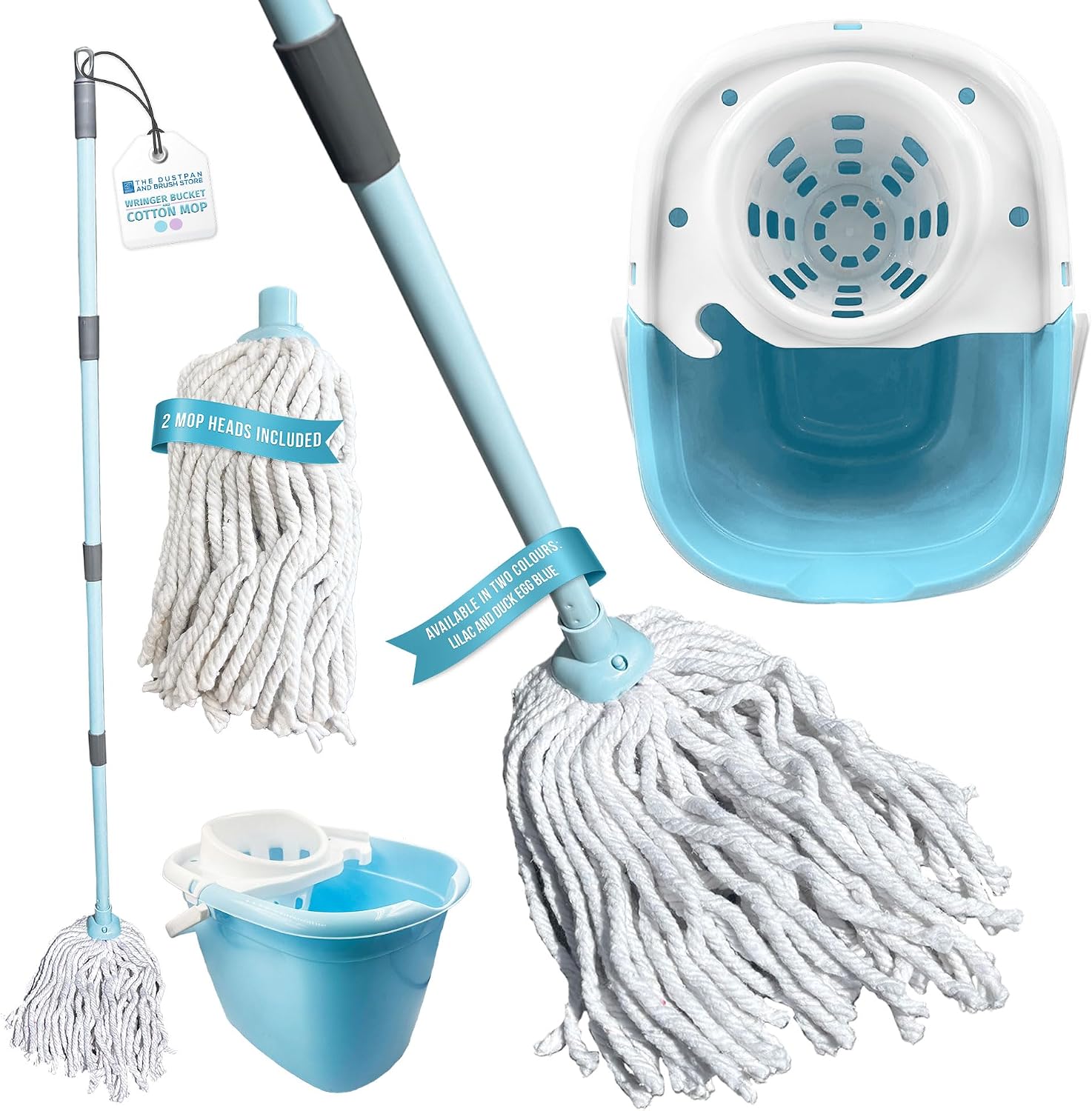Hbala Cotton Mop and Bucket Set – 13L Wringer Bucket, Telescopic Handle, Duck Egg