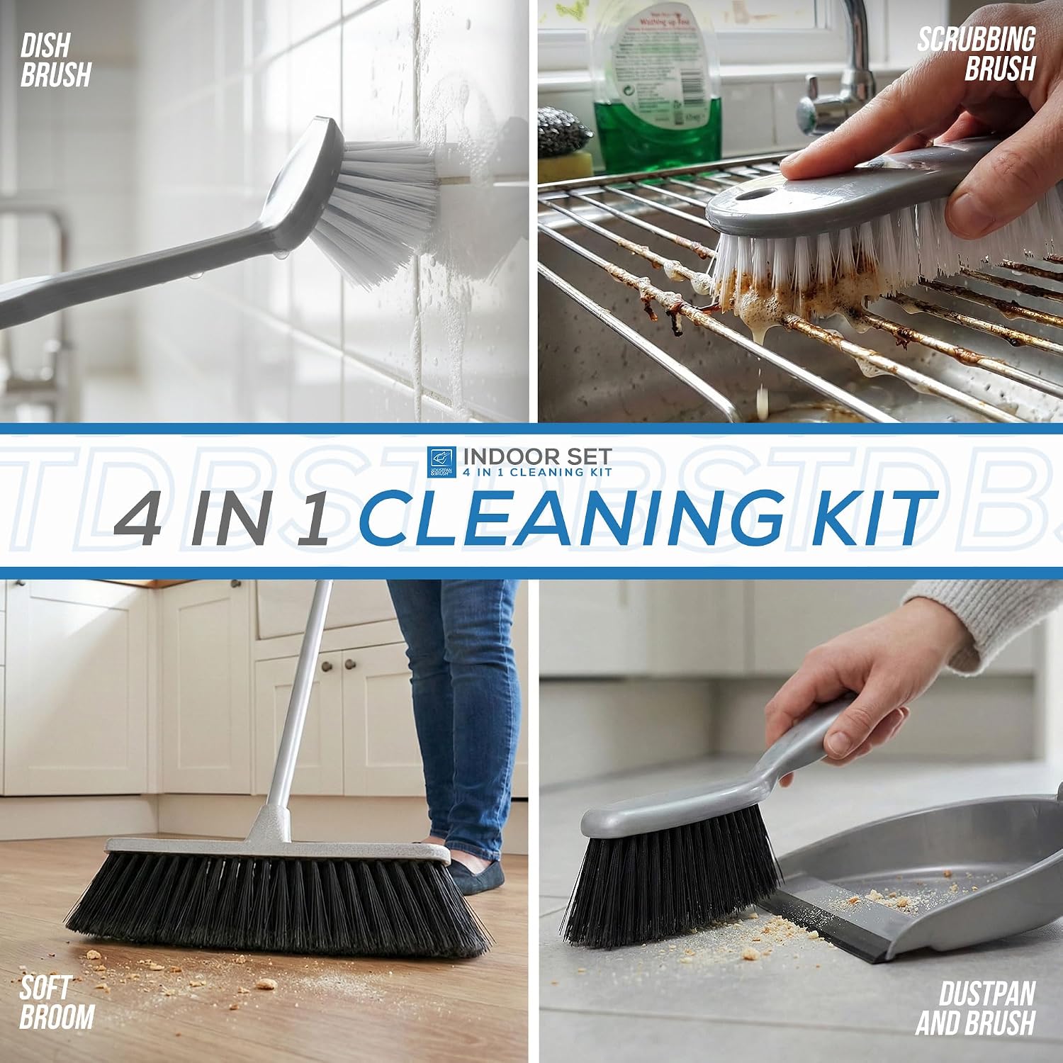 Hbala 4-Piece Home Cleaning Set – Broom, Dustpan & Brush, Scrub Brush, Dish Brush